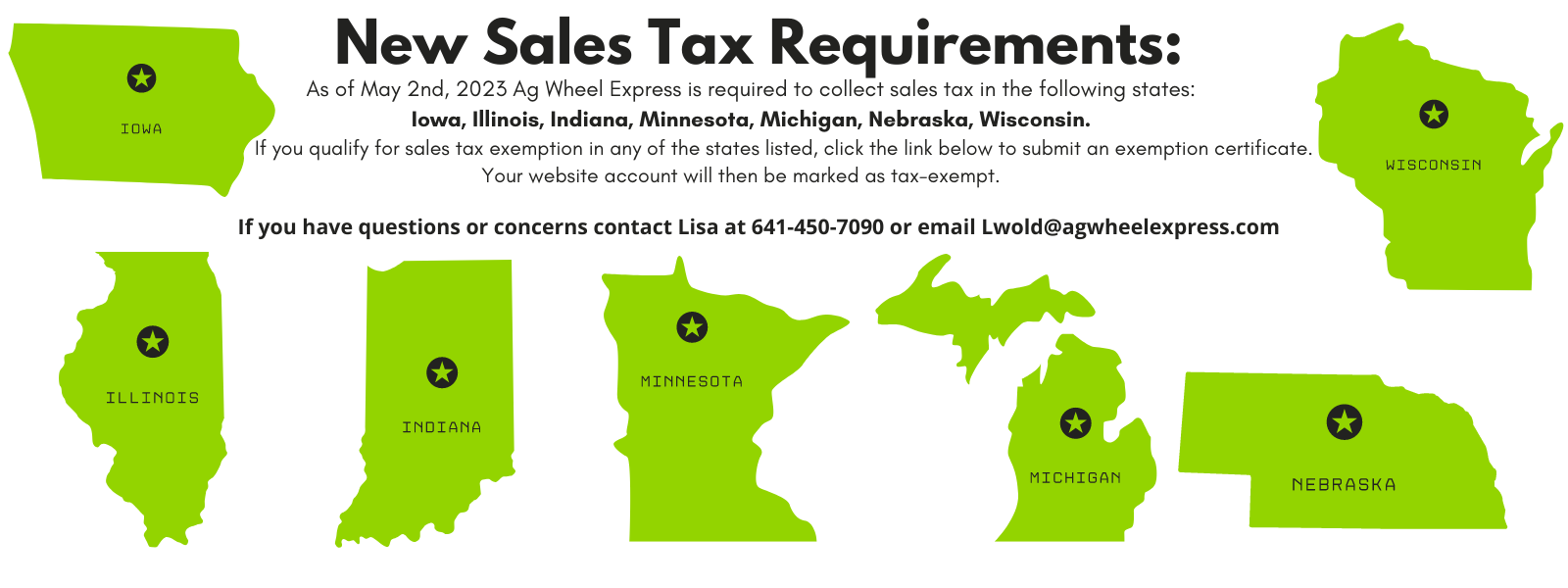 States requiring sales tax, Iowa, Illinois, Minnesota, Nebraska, Wisconsin